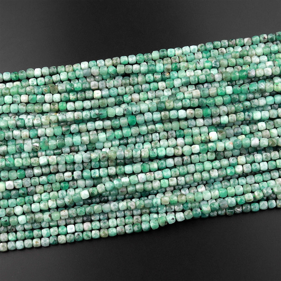 Real Genuine Natural Green Emerald 4mm Faceted Cube Beads Dice Square Gemstone 15.5" Strand