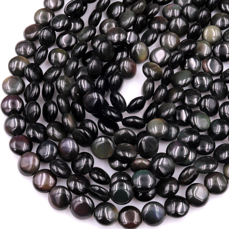 AAA Natural Rainbow Black Obsidian 10mm Coin Beads 15.5" Strand