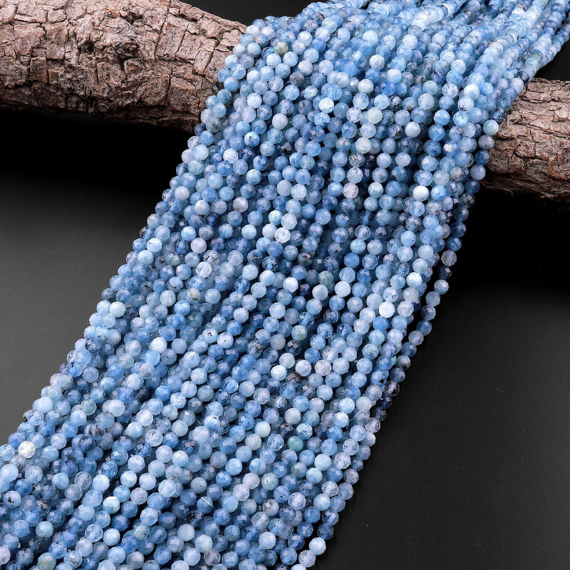 Micro Faceted Natural Blue Aquamarine 3mm 4mm Round Beads 15.5" Strand