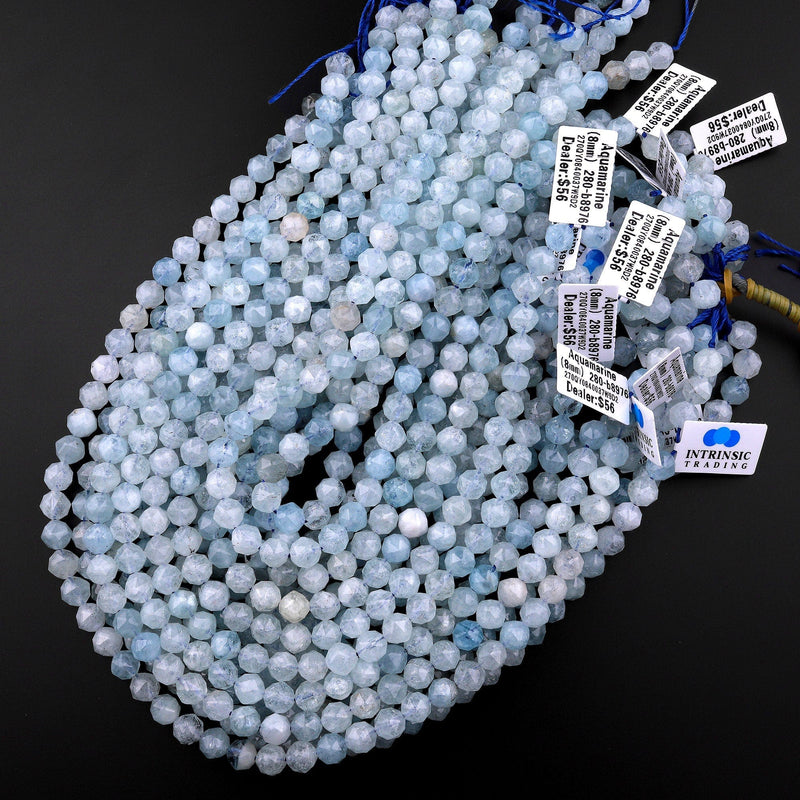 Extra Translucent Natural Blue Aquamarine Beads Faceted 8mm Round Gemstone Double Hearted Star Cut 15.5" Strand