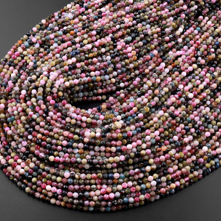 Faceted Natural Multicolor Tourmaline Round Beads 2mm 3mm Pink Green Real Genuine Gemstone 15.5" Strand