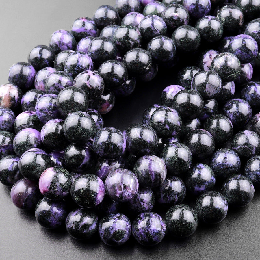 Natural Purple Charoite W Black Aegirine 12mm 13mm 15mm Round Beads 15.5" Strand