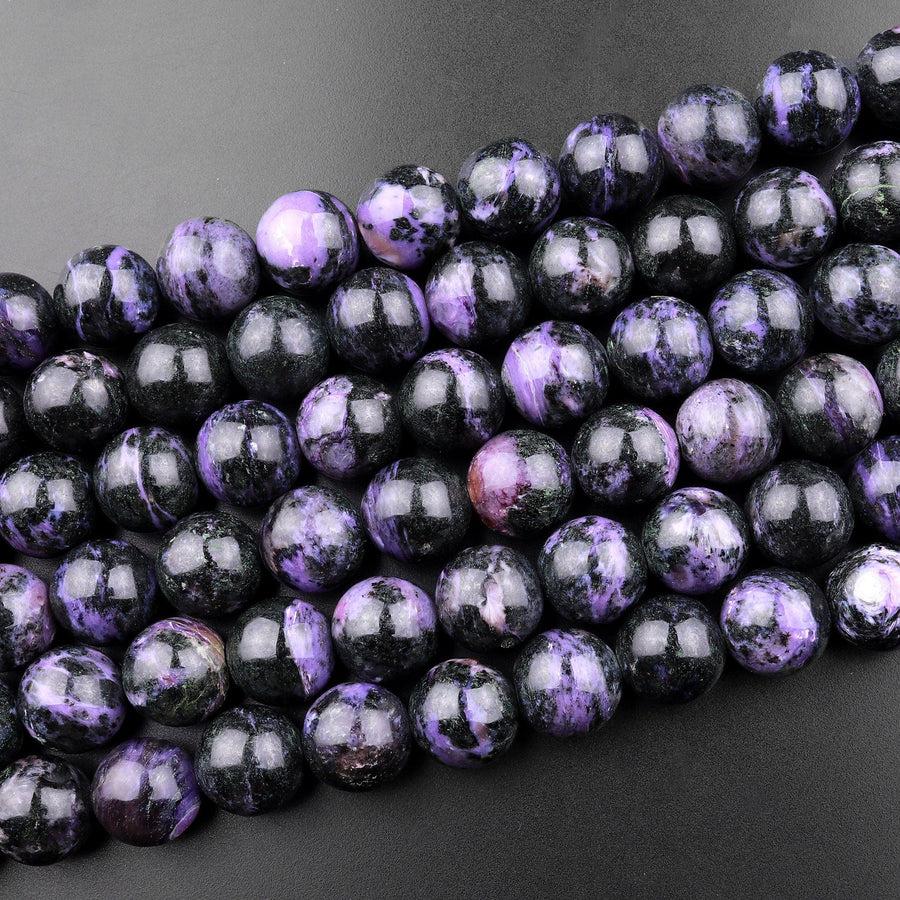 Natural Purple Charoite W Black Aegirine 12mm 13mm 15mm Round Beads 15.5" Strand