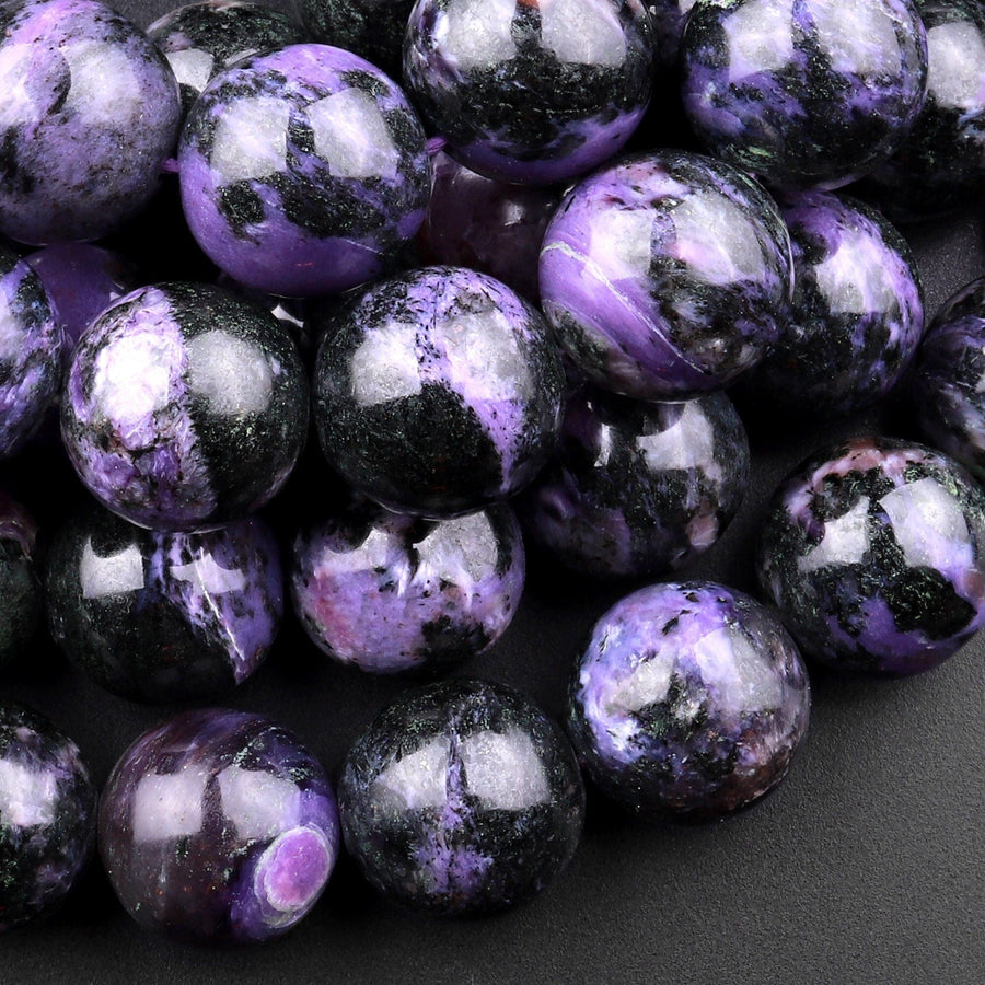 Natural Purple Charoite W Black Aegirine 12mm 13mm 15mm Round Beads 15.5" Strand