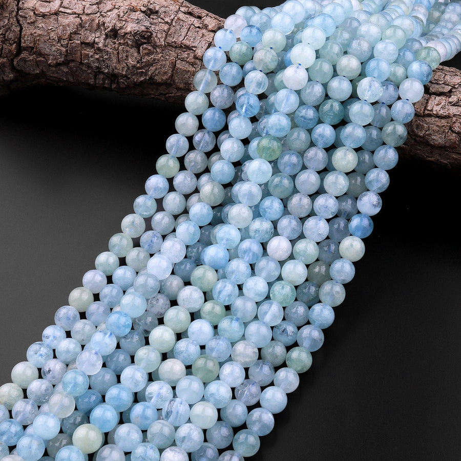 AAA Natural Blue Aquamarine 8mm Smooth Round Beads Real Genuine Gemstone Birthstone 15.5" Strand