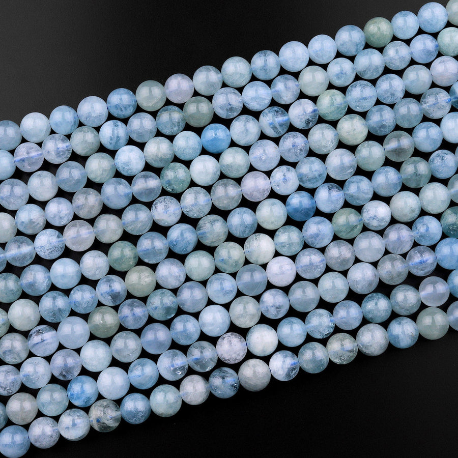 AAA Natural Blue Aquamarine 8mm Smooth Round Beads Real Genuine Gemstone Birthstone 15.5" Strand