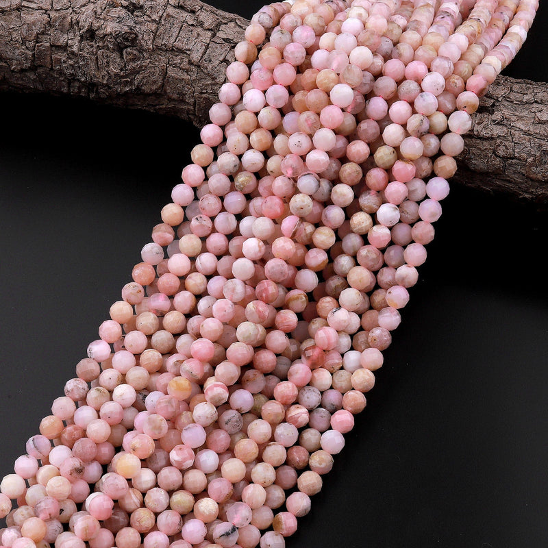 AAA Faceted Natural Peruvian Pink Opal 4mm 6mm Round Beads Laser Diamond Cut Gemstone 15.5" Strand