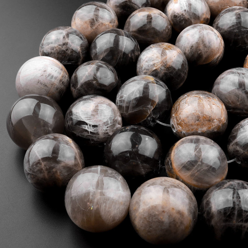 Large 25mm Natural Black Moonstone Round Beads 15.5" Strand