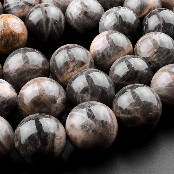 Large 25mm Natural Black Moonstone Round Beads 15.5" Strand