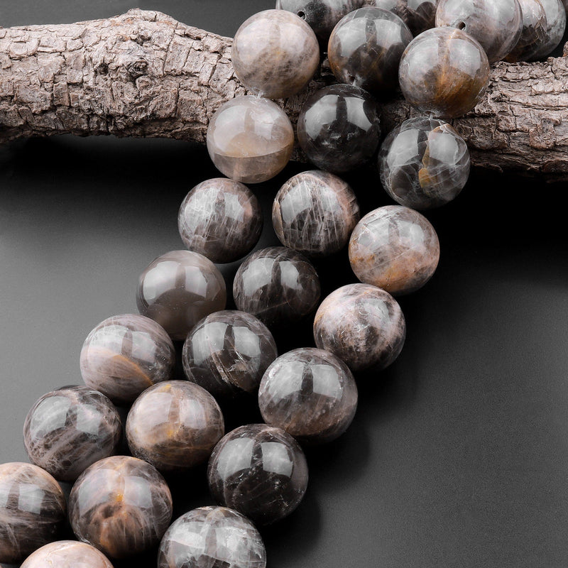 Large 25mm Natural Black Moonstone Round Beads 15.5" Strand