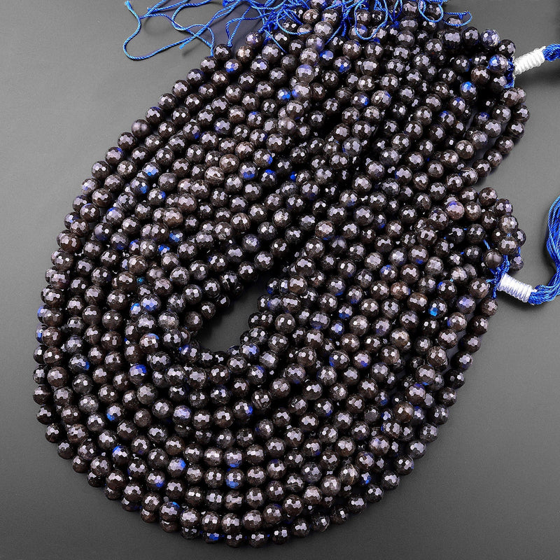 Rare Natural Black Labradorite Faceted Round Beads 6mm 8mm 10mm Blue Flashes 15.5" Strand