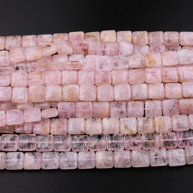 Natural Peach Pink Morganite 12mm Square Cusion Beads Aka Pink Beryl Aquamarine Gemstone 15.5" Strand