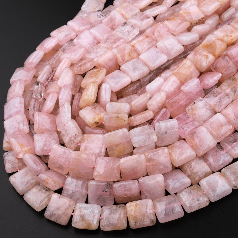 Natural Peach Pink Morganite 12mm Square Cusion Beads Aka Pink Beryl Aquamarine Gemstone 15.5" Strand