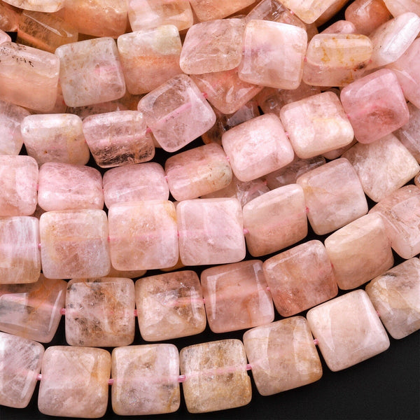 Natural Orange Peach Pink Morganite 10mm Square Cusion Beads Aka Pink Beryl Aquamarine Gemstone 15.5" Strand