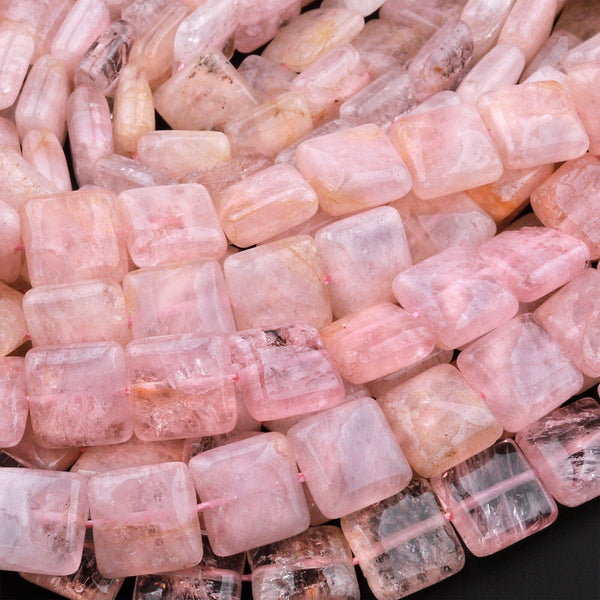 Natural Peach Pink Morganite 12mm Square Cusion Beads Aka Pink Beryl Aquamarine Gemstone 15.5" Strand