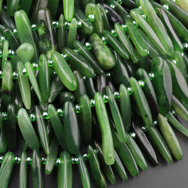 Natural Canadian Jade Freeform Long Spike Point Nugget Beads 15.5" Strand