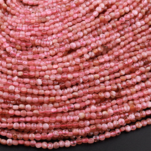 Gemmy Natural Pink Rhodochrosite 2mm Faceted Coin Beads Laser Diamond Cut Gemstone 15.5" Strand