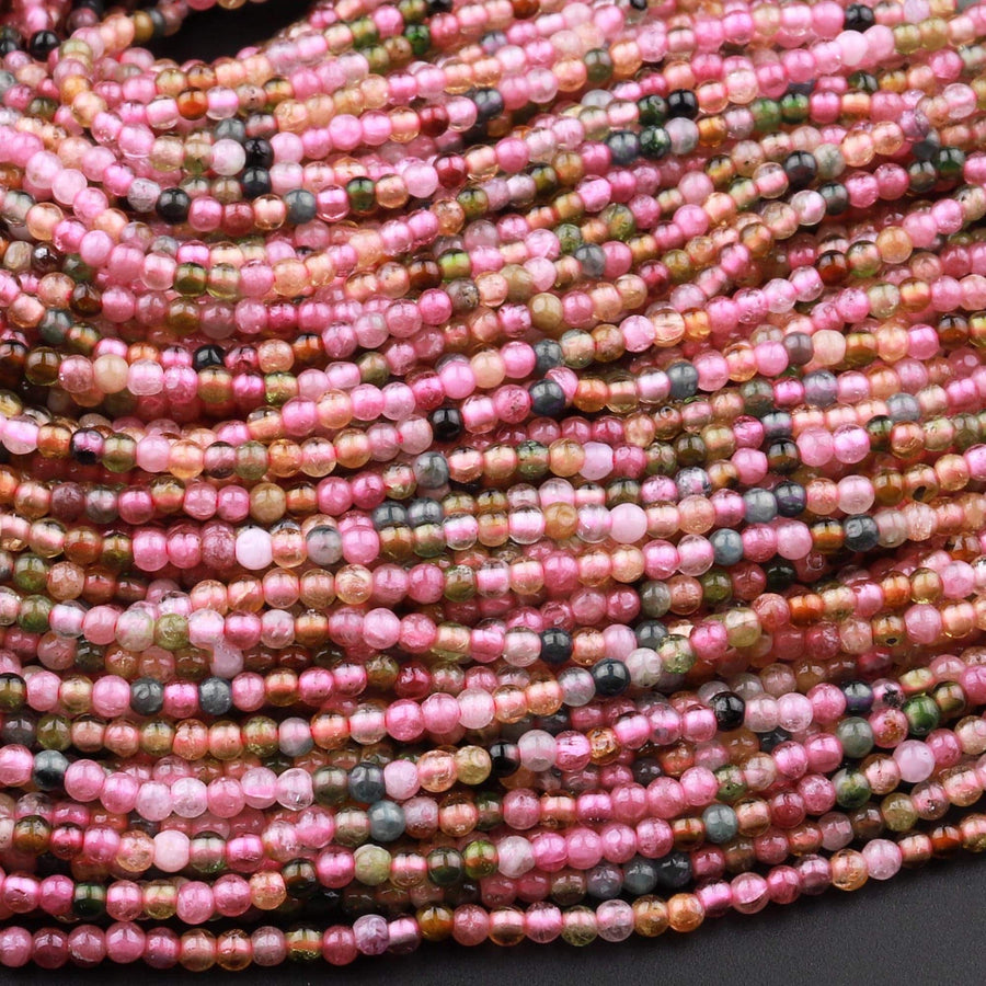 Natural Watermelon Pink Green Tourmaline 2mm Smooth Round Beads 15.5" Strand