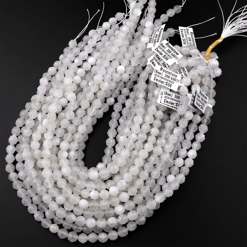 Natural Creamy White Moonstone 8mm Beads Star Cut Geometric Facets 15.5" Strand
