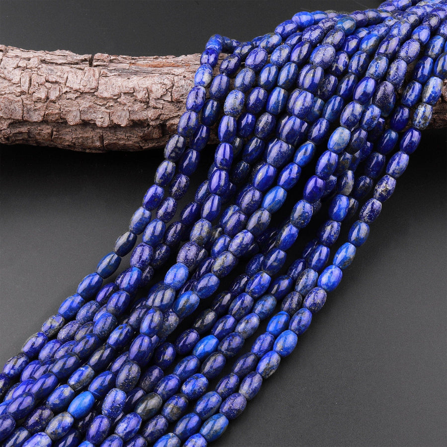 Natural Blue Lapis Drum Barrel Rice Beads With Pyrite Calcite Matrix 15.5" Strand
