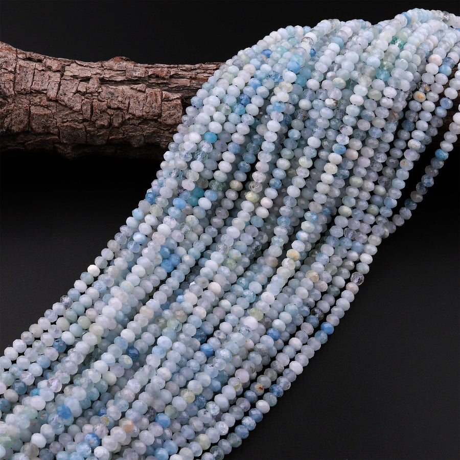 Faceted Natural Aquamarine 4mm 5mm Rondelle Beads Micro Laser Diamond Cut Real Genuine Gemstone 15.5" Strand