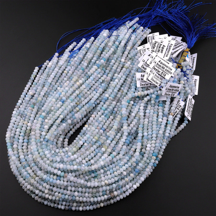 Faceted Natural Aquamarine 4mm 5mm Rondelle Beads Micro Laser Diamond Cut Real Genuine Gemstone 15.5" Strand