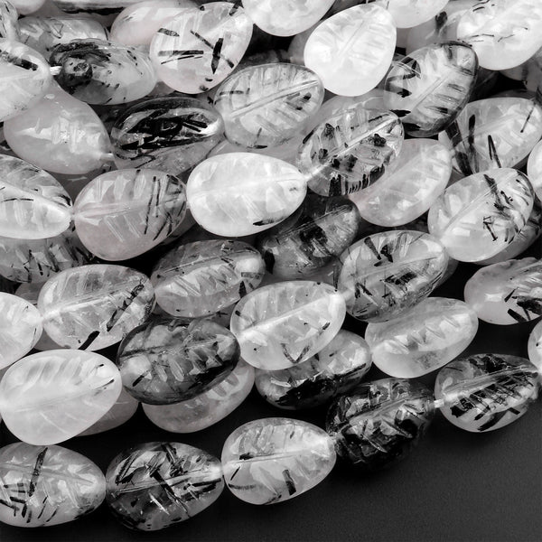 Natural Black Tourmaline Rutilated Quartz Leaf Beads Hand Carved Gemstone 15.5" Strand