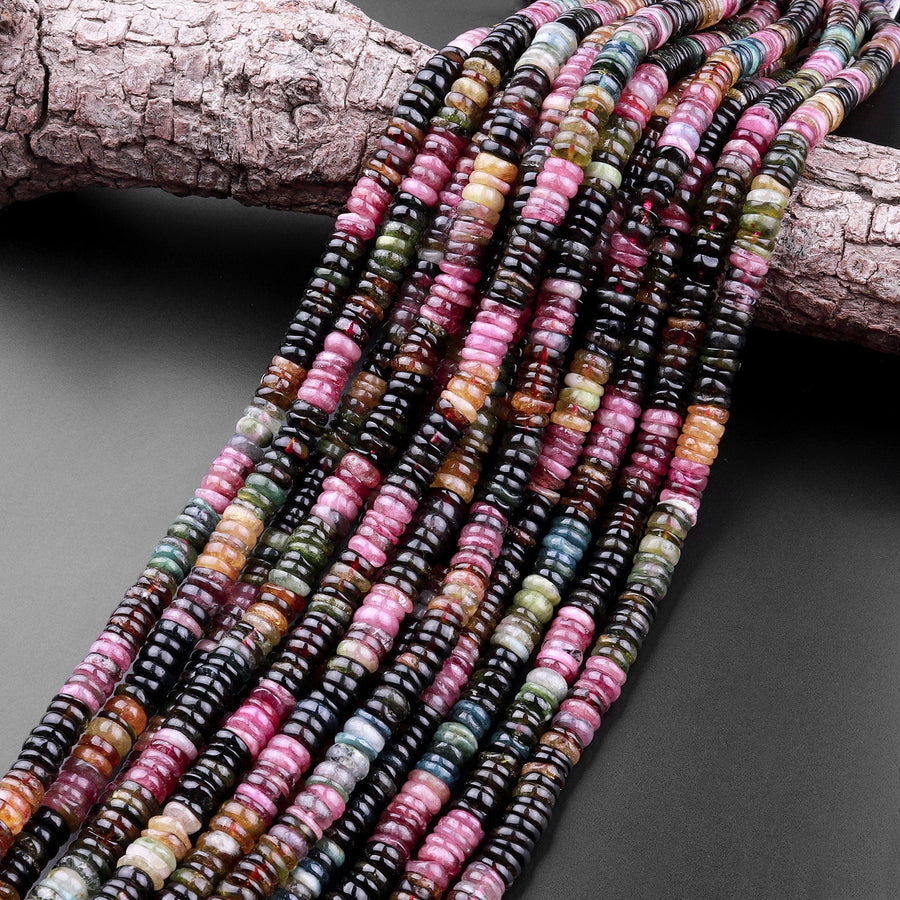 Natural Multicolor Tourmaline Heishi Rondelle Beads 5mm 6mm 7mm 8mm 9mm Pink Green Blue Yellow Brown Gemstone 15.5" Strand