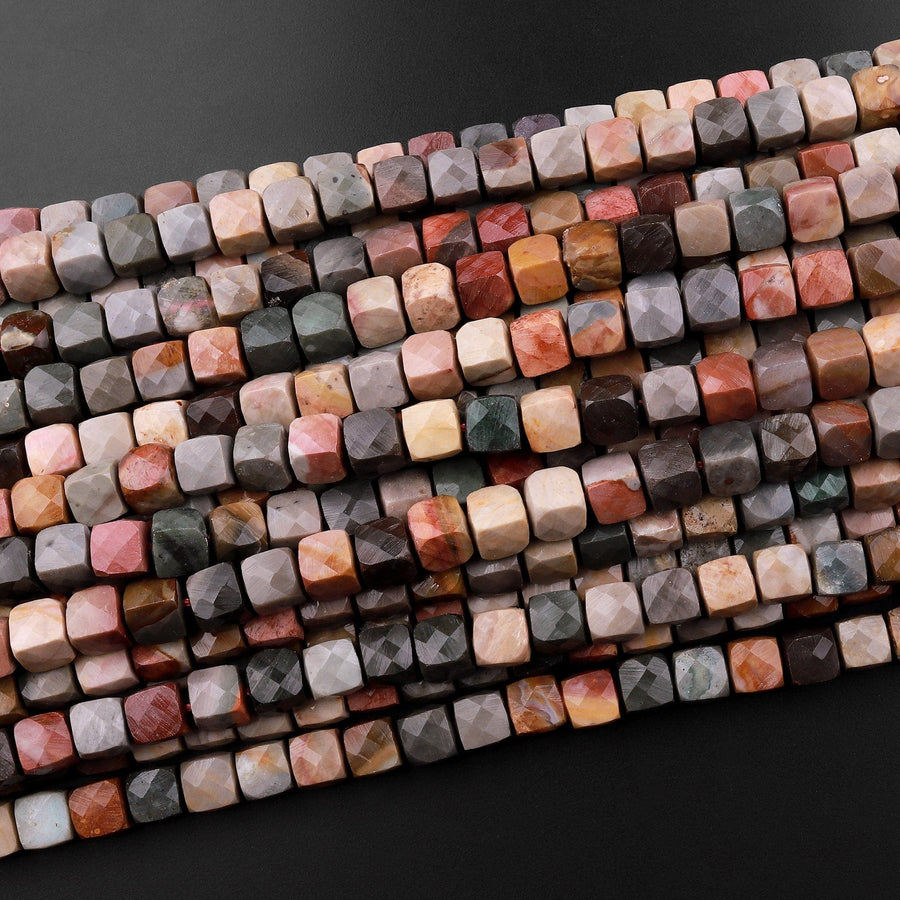 AAA Natural Polychrome Landscape Ocean Jasper Faceted 6mm 8mm Cube Dice Square Beads 15.5" Strand