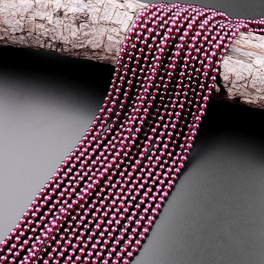 Natural Purple Garnet From Mozambique Smooth 3mm 4mm Round Gemstone Beads 15.5" Strand