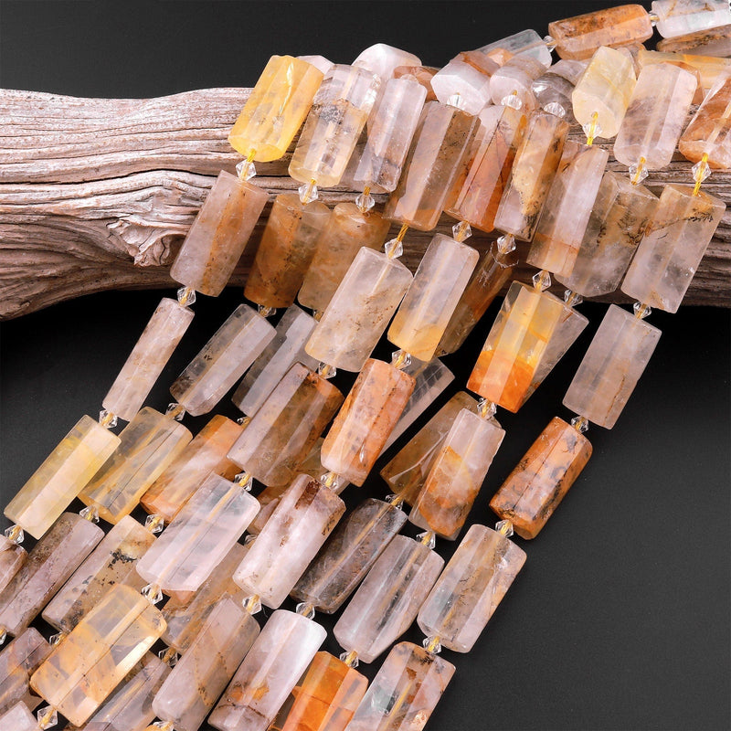 Natural Golden Dendritic Quartz Beads Faceted Flat Long Rectangle 15.5" Strand