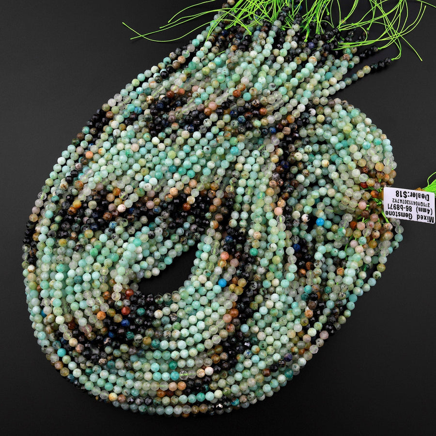 Micro Faceted Natural Green Chrysocolla Blue Azurite 4mm Faceted Round Beads Laser Diamond Cut Gemstone 15.5" Strand
