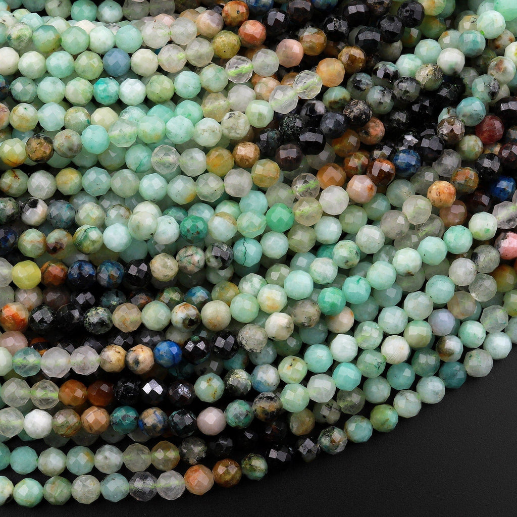 Micro Faceted Natural Green Chrysocolla Blue Azurite 4mm Faceted Round Beads Laser Diamond Cut Gemstone 15.5" Strand