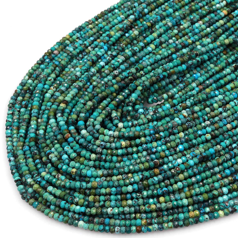 Genuine Natural Turquoise 3mm Faceted Rondelle Beads Bright Blue Green Turquoise Micro Diamond Cut 15.5" Strand