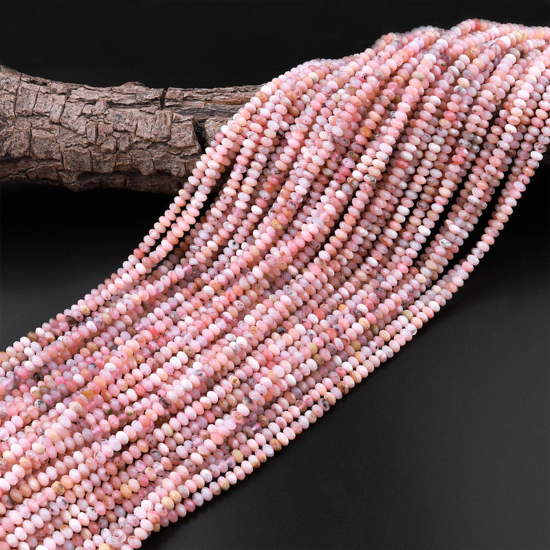 Micro Faceted Natural Peruvian Pink Opal 4mm Rondelle Beads Gemstone 15.5" Strand