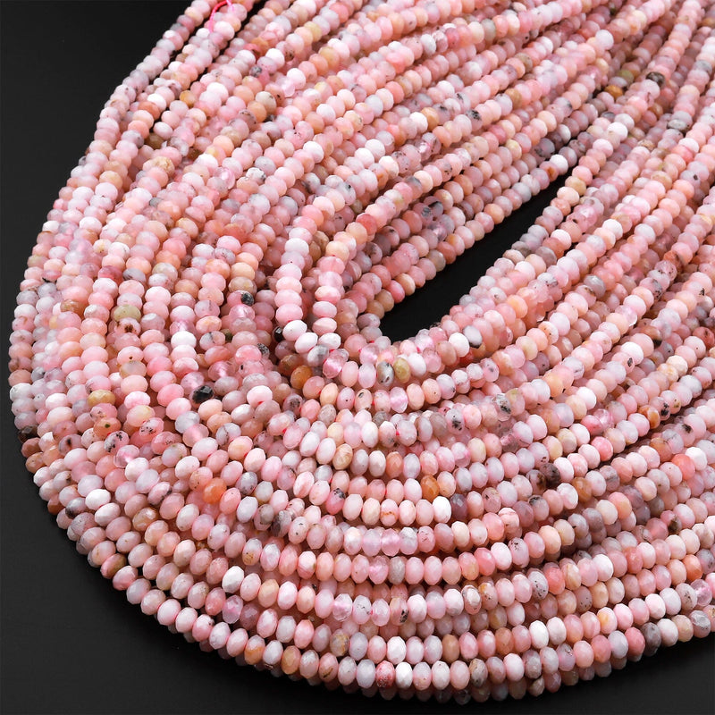 Micro Faceted Natural Peruvian Pink Opal 4mm Rondelle Beads Gemstone 15.5" Strand