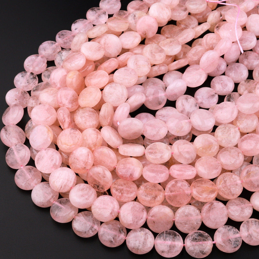 Natural Peach Pink Morganite 12mm Coin Beads Aka Pink Beryl Aquamarine Gemstone 15.5" Strand