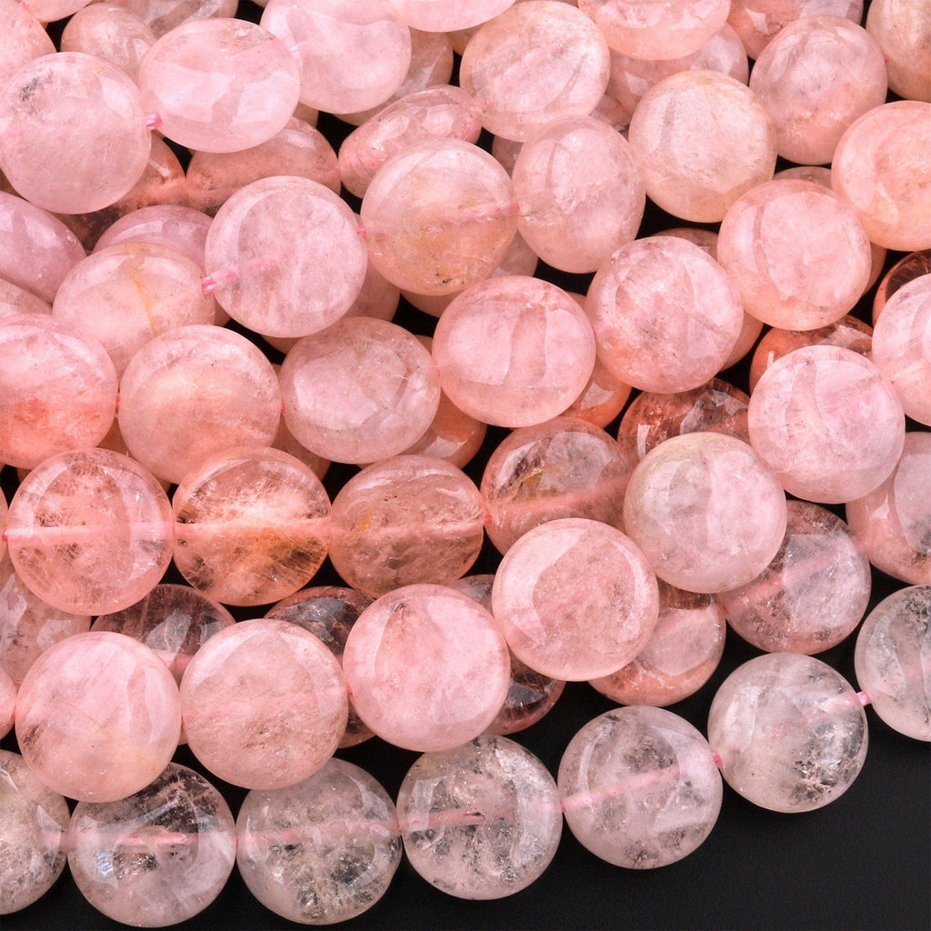 Natural Peach Pink Morganite 12mm Coin Beads Aka Pink Beryl Aquamarine Gemstone 15.5" Strand