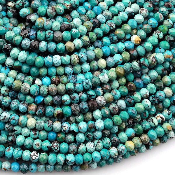 Genuine Natural Turquoise 4mm Faceted Rondelle Beads Bright Blue Green Turquoise Micro Diamond Cut 15.5" Strand