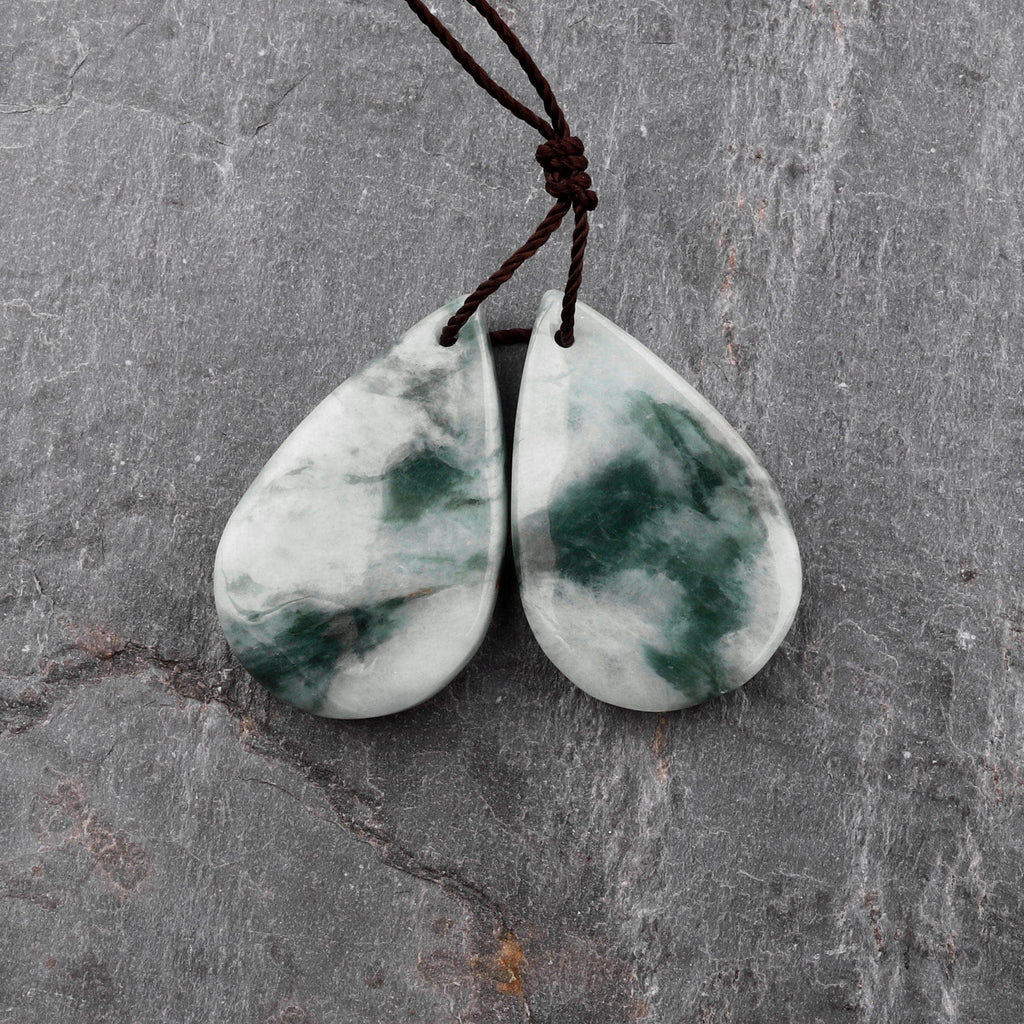 Natural Real Genuine Burma Green Jade Teardrop Earring Pair Drilled Gemstone Matched Beads