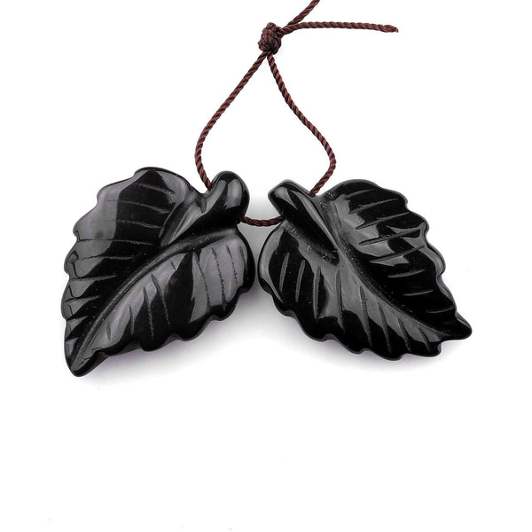 Hand Carved Natural Black Onyx Leaf Earring Pair Drilled Gemstone Matched Beads
