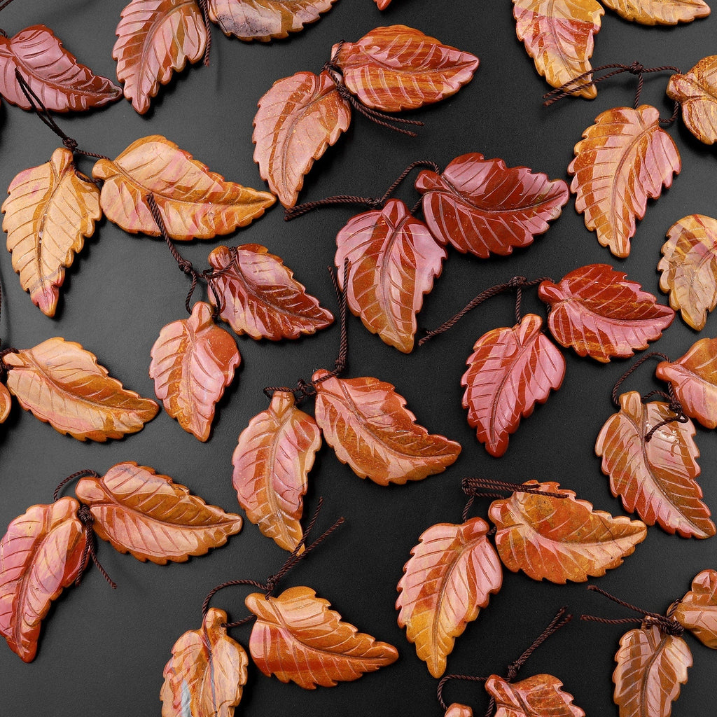 Hand Carved Natural Moroccan Agate Brown Red Leaf Earring Pair Drilled Gemstone Matched Beads