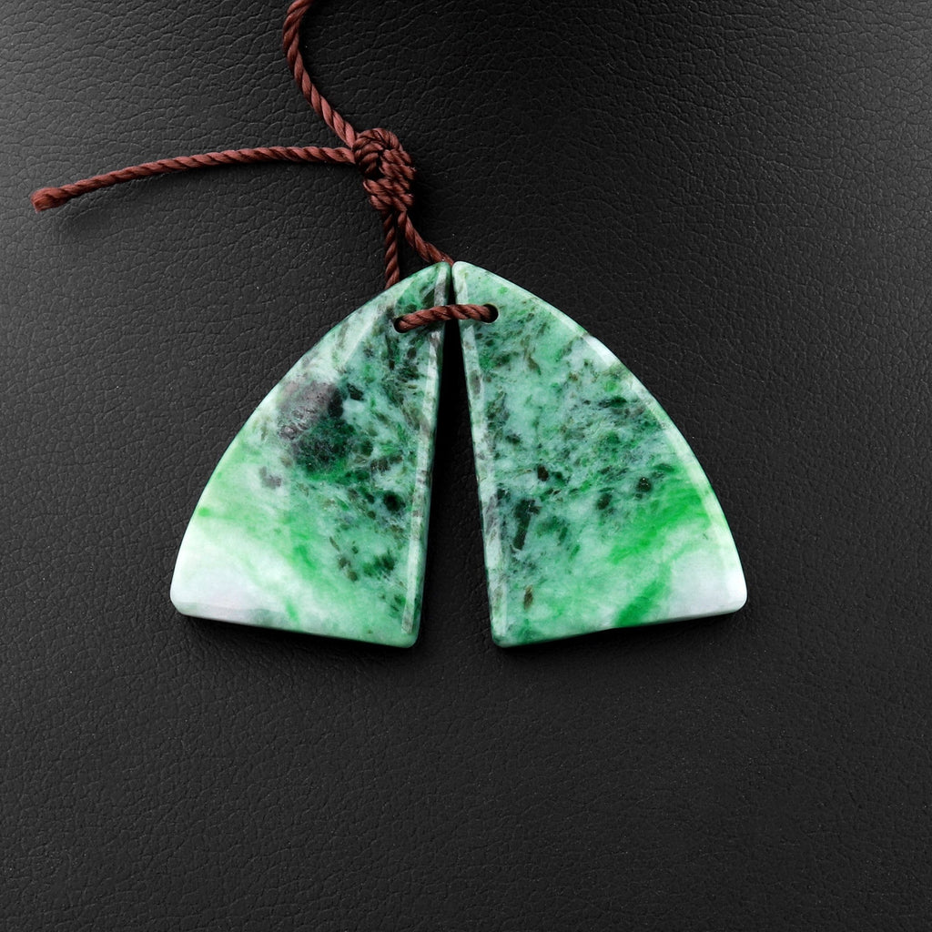 Natural Real Genuine Green Burma Jade Abstract Butterfly Wing Triangle Earring Pair Drilled Gemstone Matched Beads A2