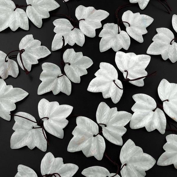 Hand Carved Natural Burma Jade Leaf Earring Pair Drilled Gemstone Matched Beads