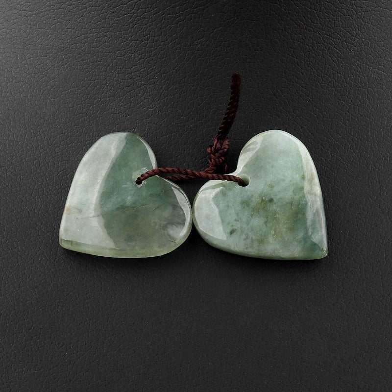 Natural Real Genuine Burma Jade Heart Earring Pair Drilled Gemstone Matched Beads