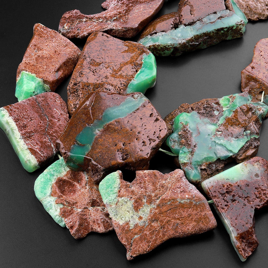 Large Freeform Australian Brown Green Chrysoprase Slab Slice Pendant Focal Beads 15.5" Strand