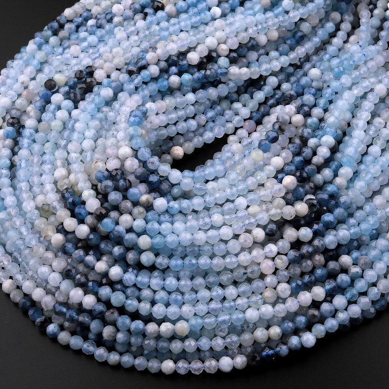 Micro Faceted Natural Blue Aquamarine 4mm Faceted Round Beads Multicolor Gradient Shades 15.5" Strand