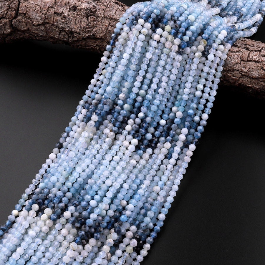 Micro Faceted Natural Blue Aquamarine 4mm Faceted Round Beads Multicolor Gradient Shades 15.5" Strand