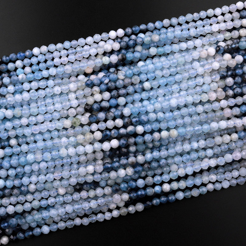 Micro Faceted Natural Blue Aquamarine 4mm Faceted Round Beads Multicolor Gradient Shades 15.5" Strand