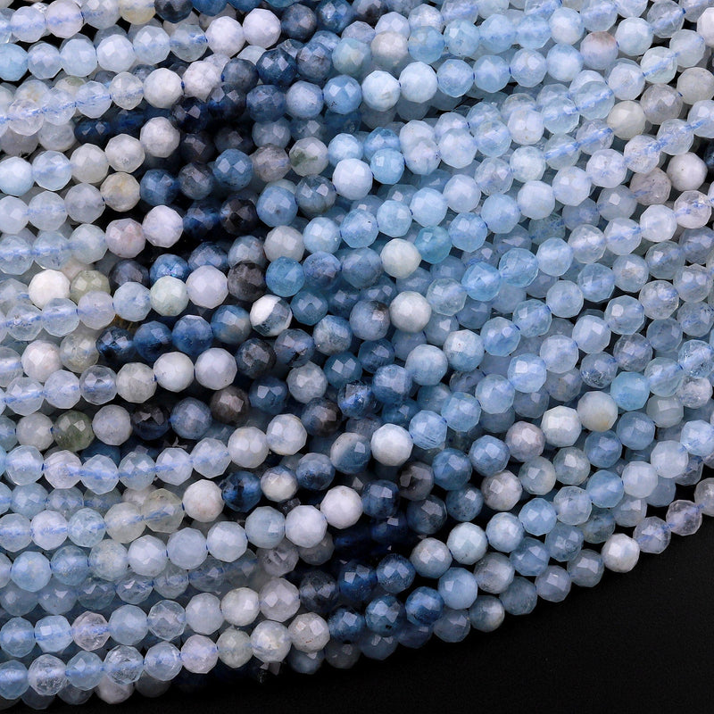 Micro Faceted Natural Blue Aquamarine 4mm Faceted Round Beads Multicolor Gradient Shades 15.5" Strand